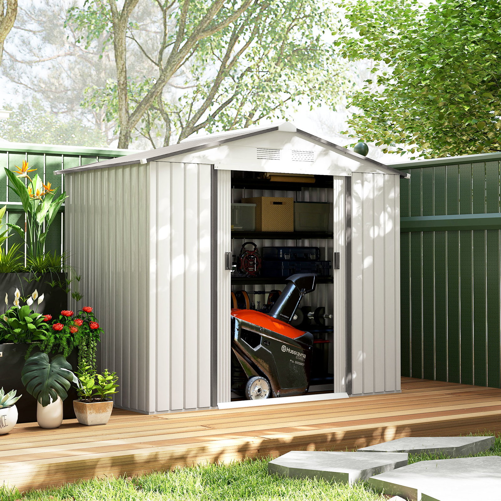 Abrigo de Jardim 213x130x185cm Abrigo de Jardim Metálico de Exterior com 2 Portas Deslizantes e 4 Janelas Branco e Cinza