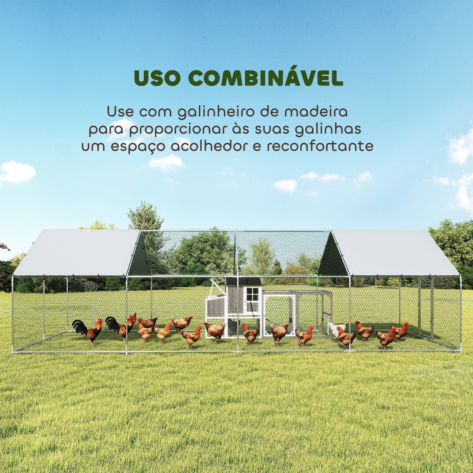 Galinheiro para exterior grande em aço galvanizado 6,8x3x1,9 m 20,4 m² com cobertura em tecido oxford e fecho prata