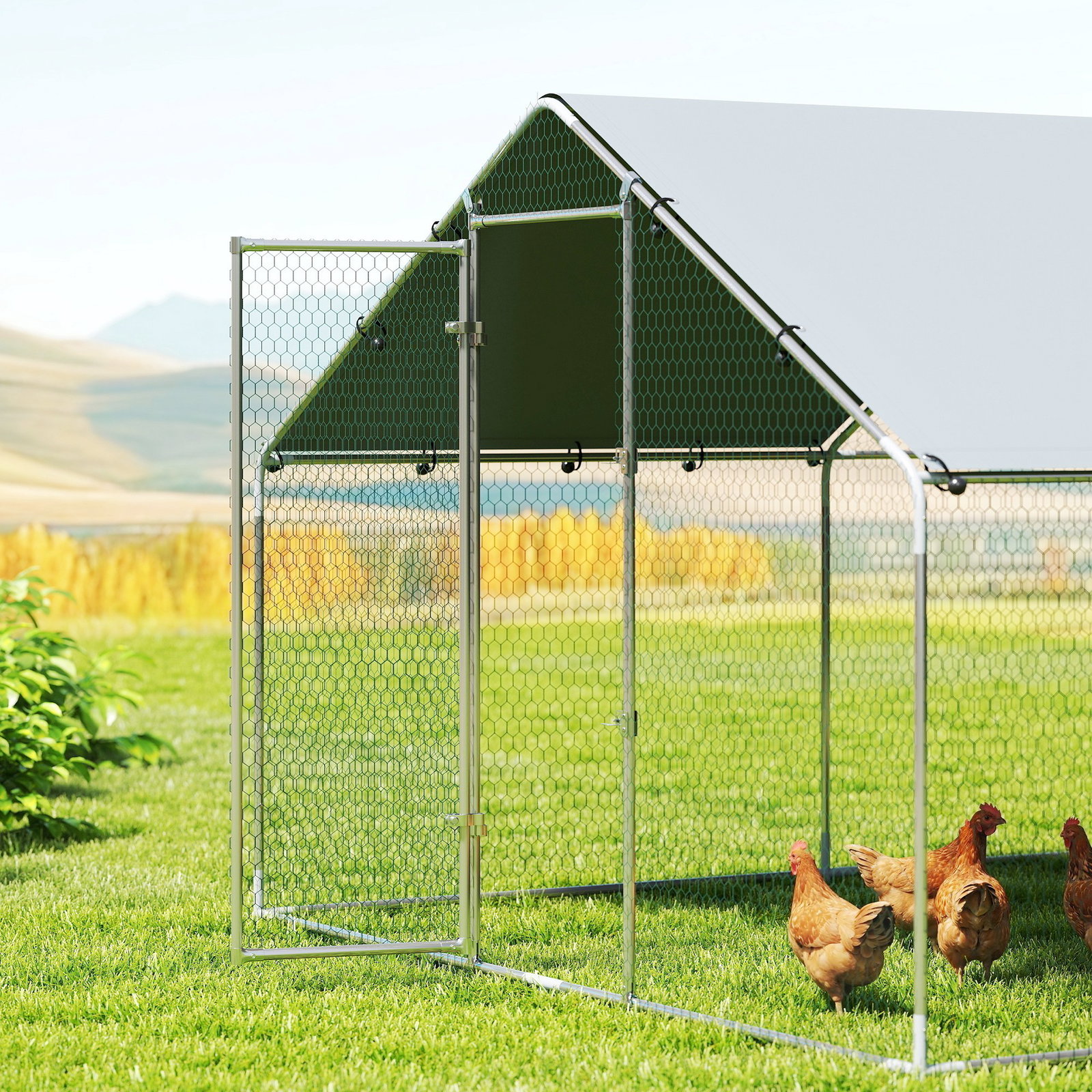 Galinheiro para exterior grande em aço galvanizado 6,8x3x1,9 m 20,4 m² com cobertura em tecido oxford e fecho prata