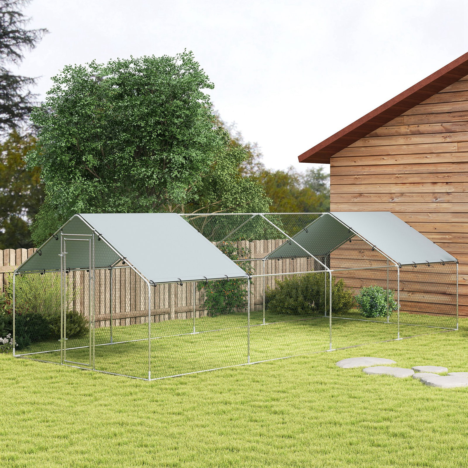 Galinheiro para exterior grande em aço galvanizado 6,8x3x1,9 m 20,4 m² com cobertura em tecido oxford e fecho prata