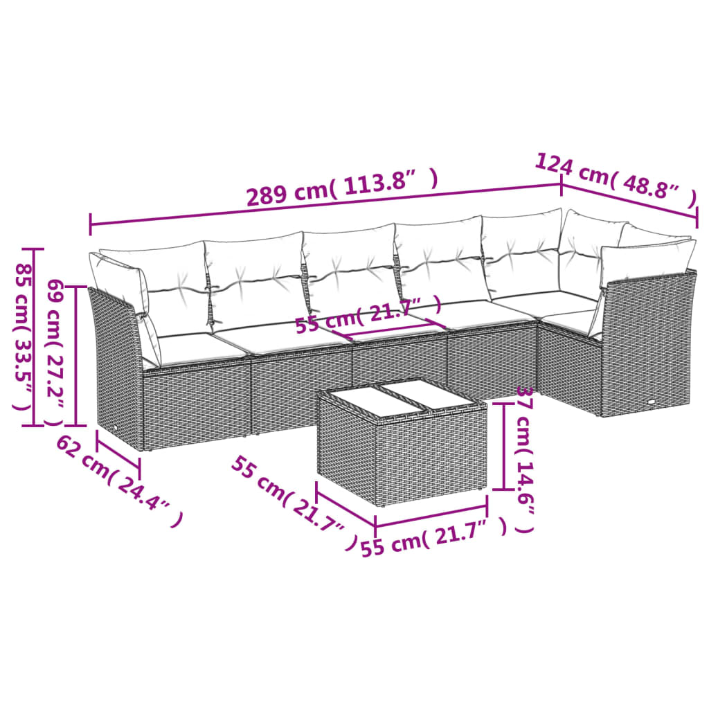 7 Pcs conjunto de sofás p/ jardim com almofadões vime PE bege