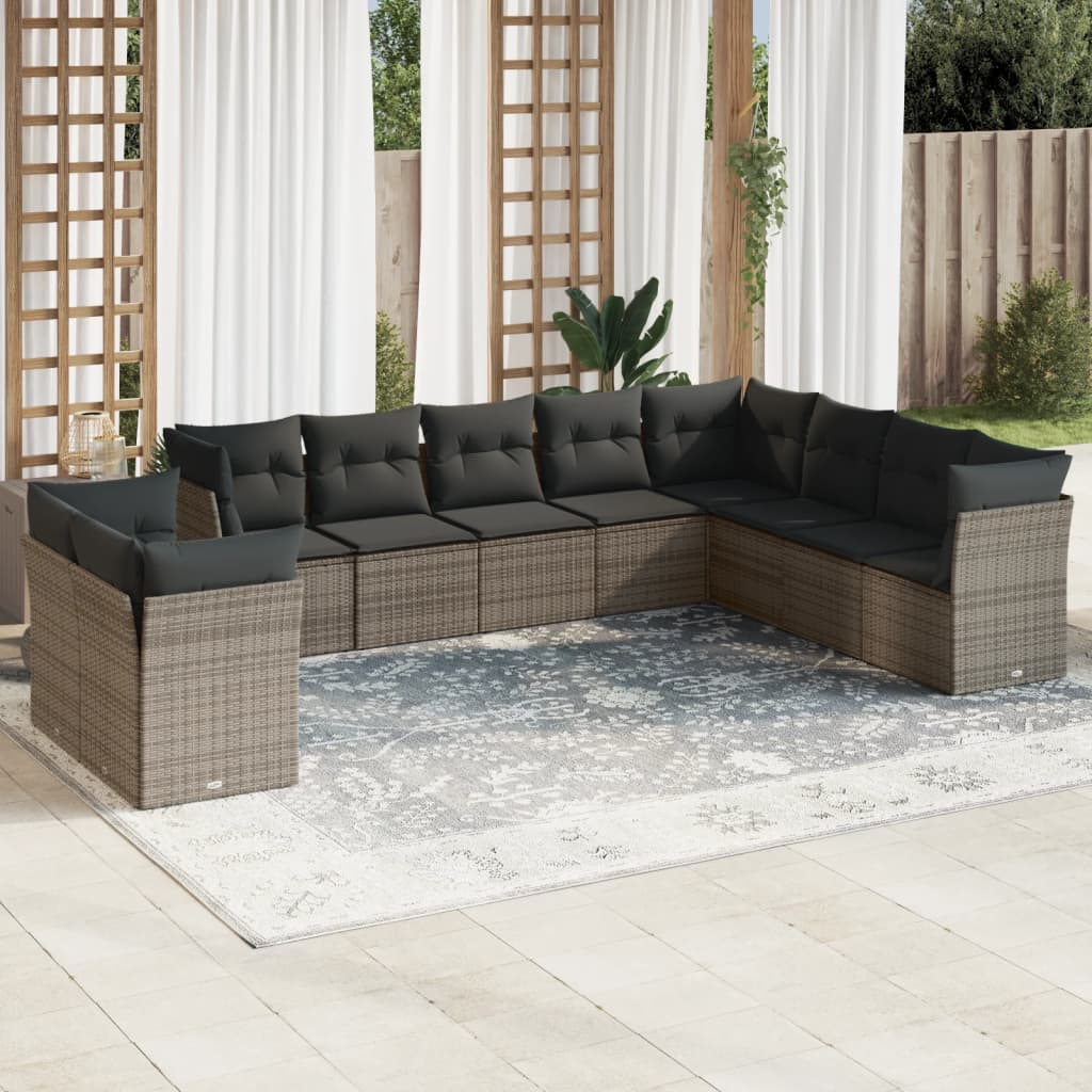 10 Pcs conjunto sofás de jardim c/ almofadões vime PE cinzento