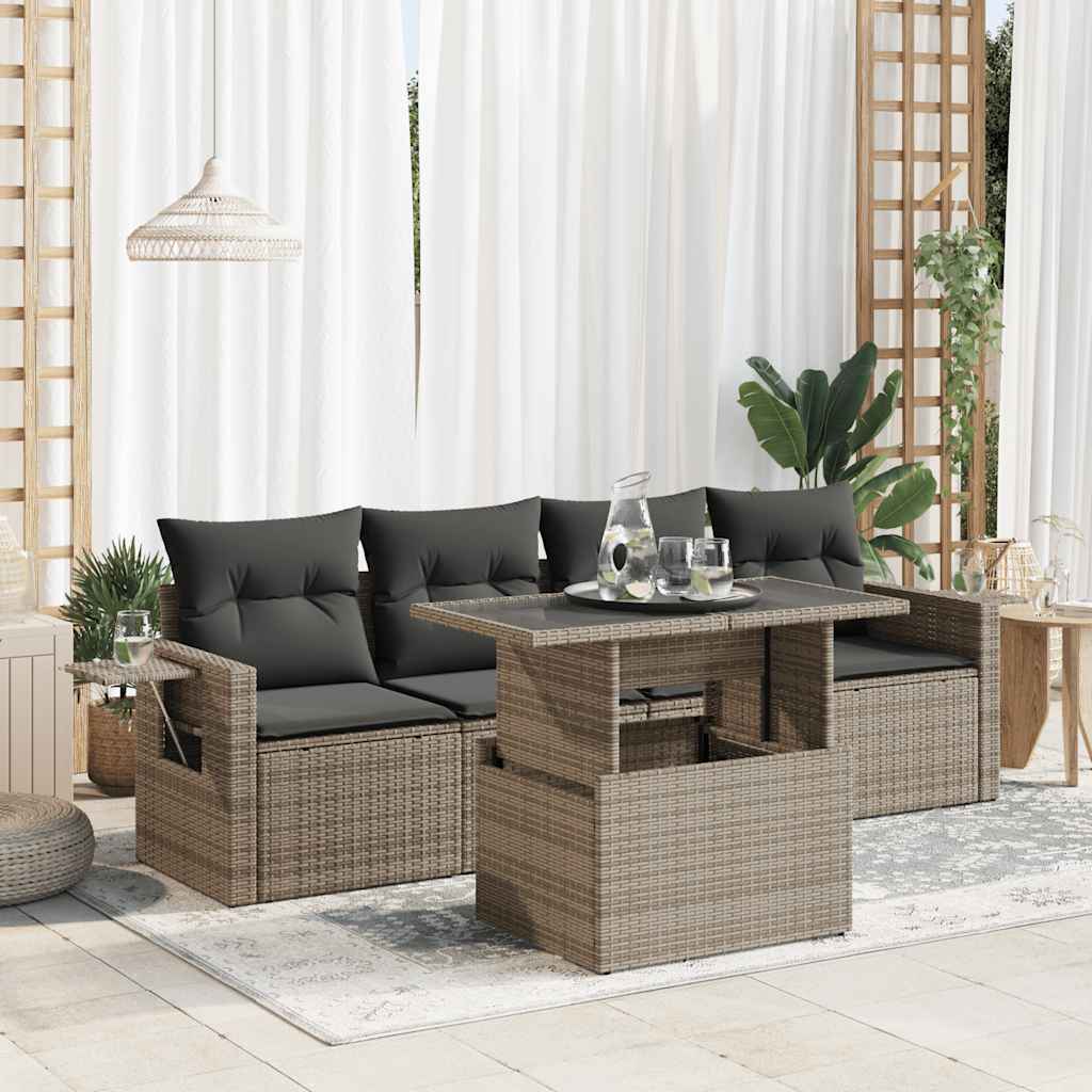 5 Pcs conjunto sofás de jardim c/ almofadões vime PE cinzento