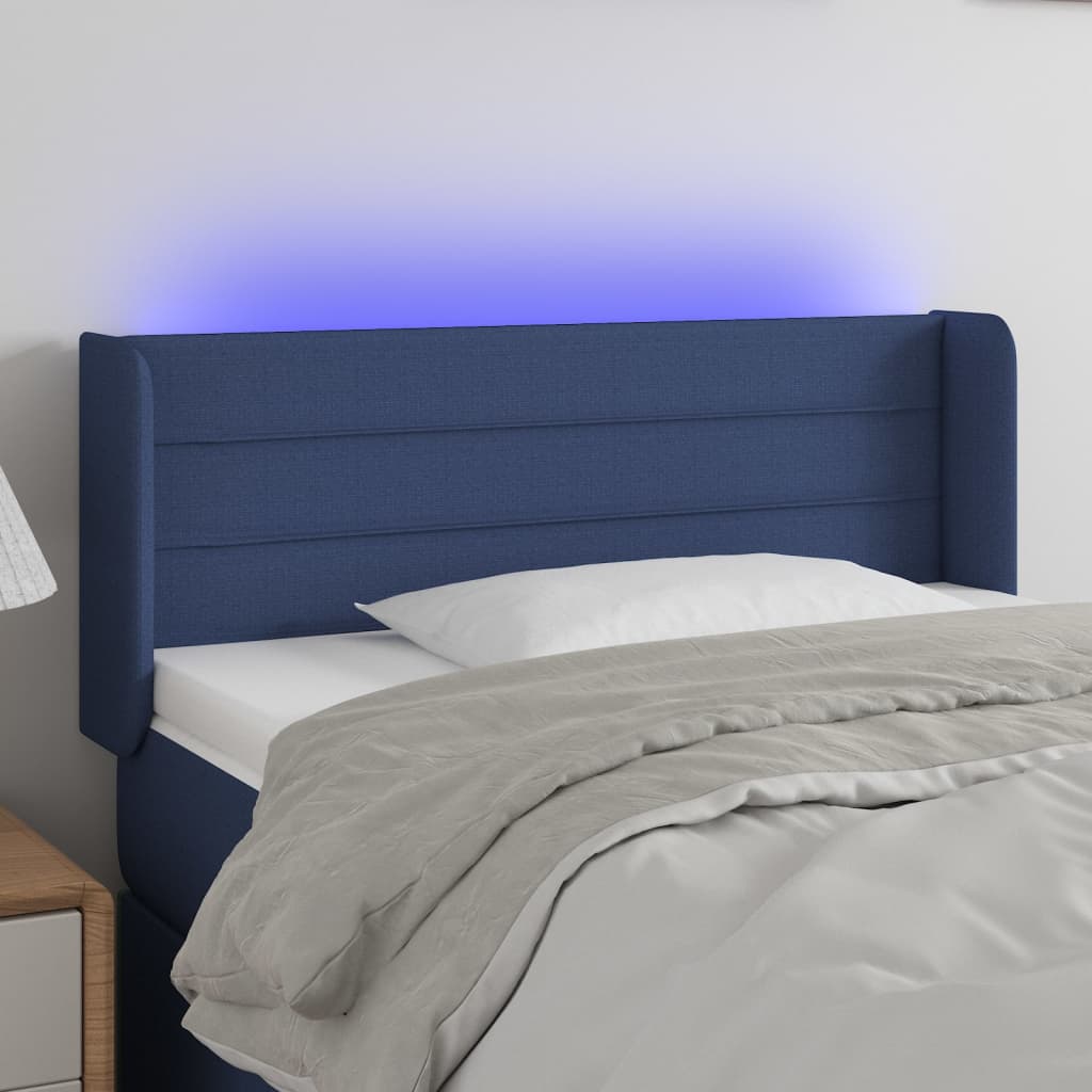 Cabeceira de cama c/ luzes LED tecido 83x16x78/88 cm azul