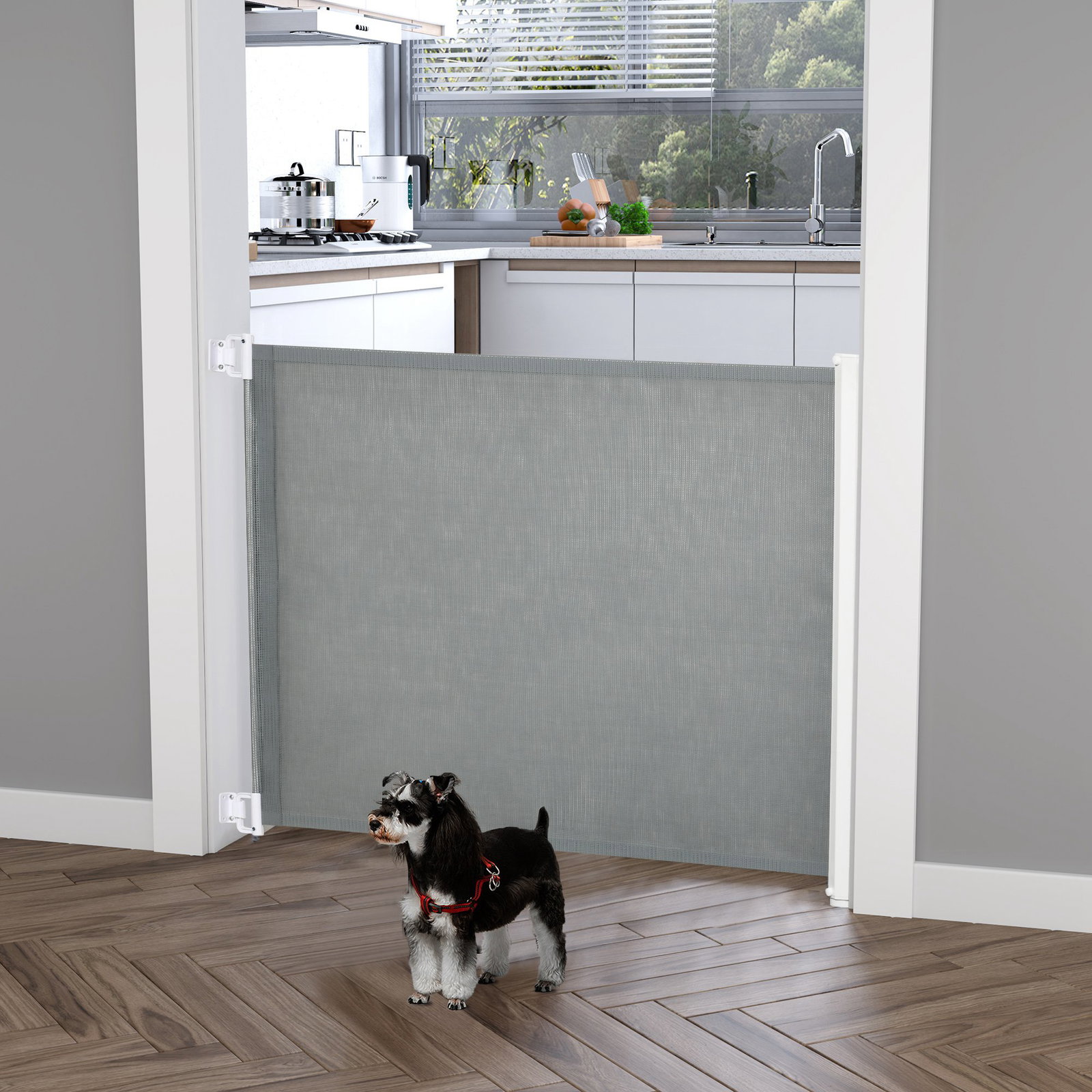 Barreira de Segurança para Cães Extensível Grade Retrátil para Animais de Estimação com Extensão Aço e Tecido de Textilene para