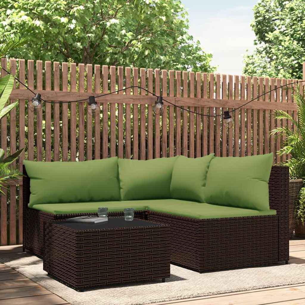 4 Pcs conjunto lounge jardim c/ almofadões vime PE castanho
