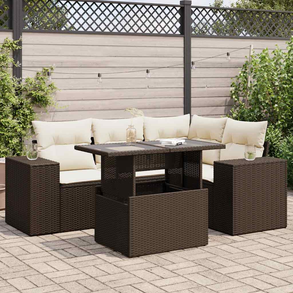 5 Pcs conjunto sofás p/ jardim c/ almofadões vime PE castanho
