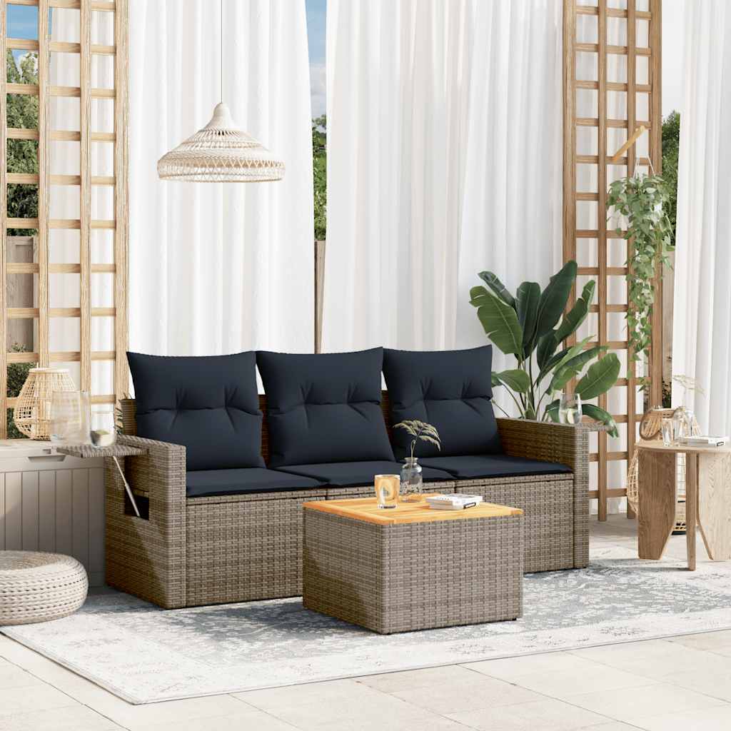 Conjunto de sofá de jardim com 4 peças e almofadas em rattan sintético cinza