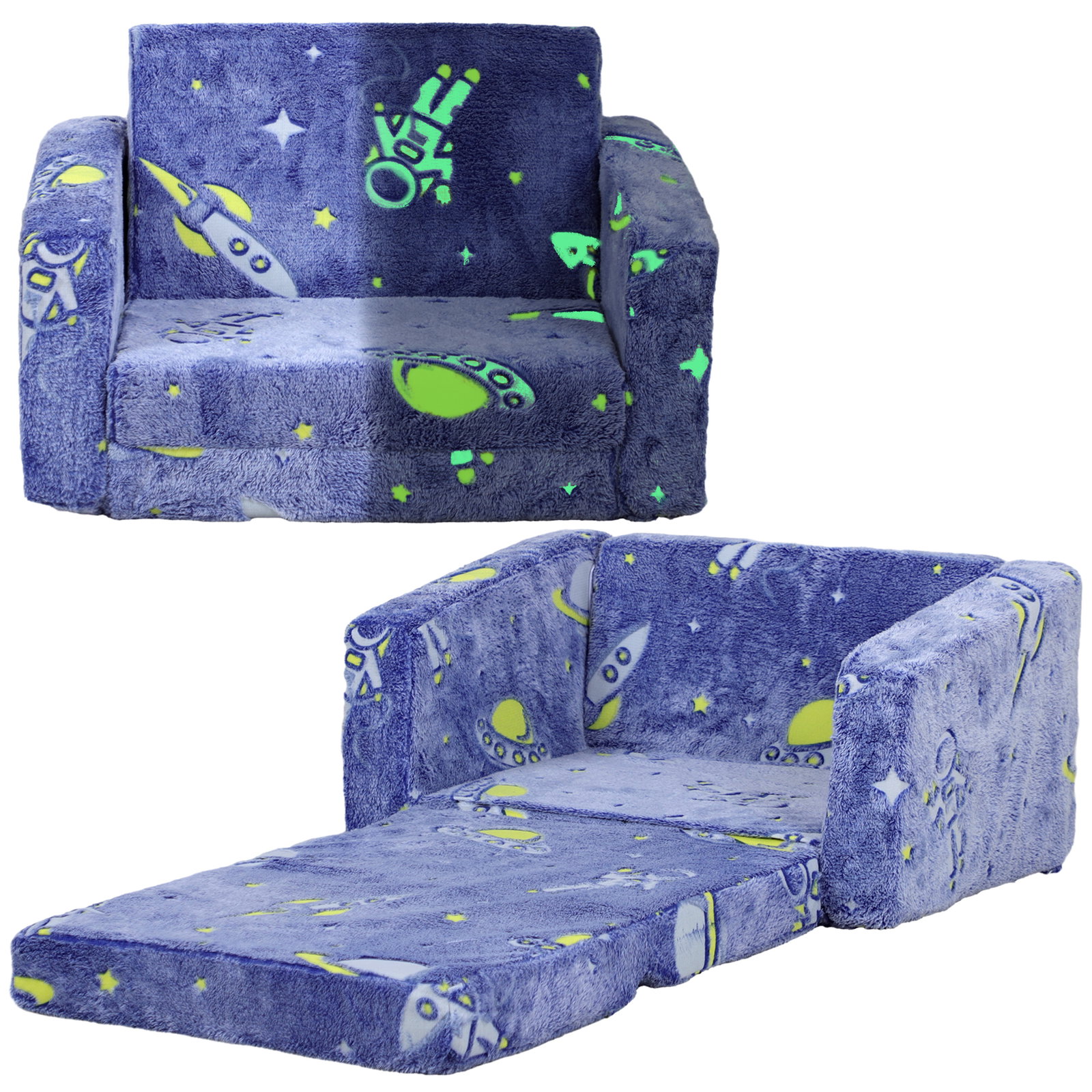 Poltrona para crianças dobrável e reclinável sofá para crianças estofado em tecido luminoso com desenho espacial azul