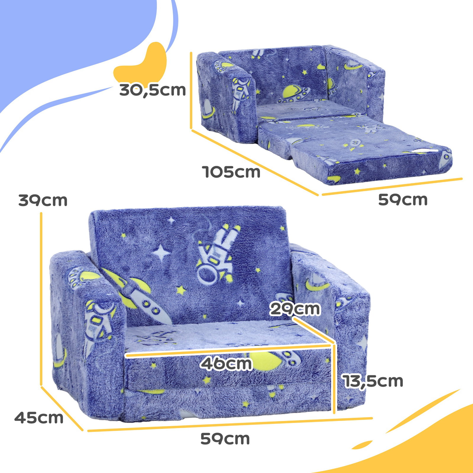 Poltrona para crianças dobrável e reclinável sofá para crianças estofado em tecido luminoso com desenho espacial azul