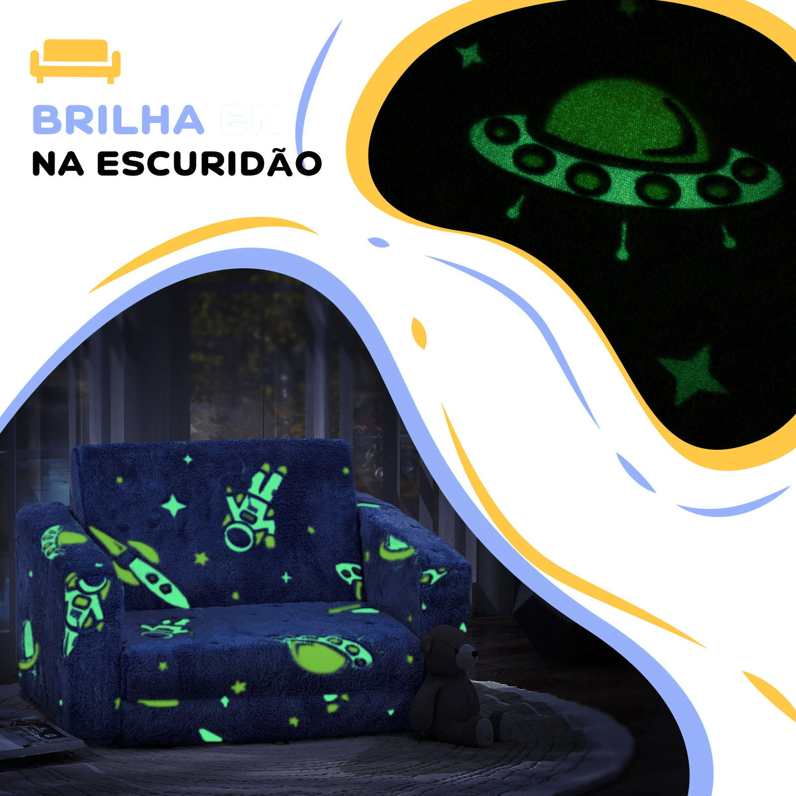 Poltrona para crianças dobrável e reclinável sofá para crianças estofado em tecido luminoso com desenho espacial azul