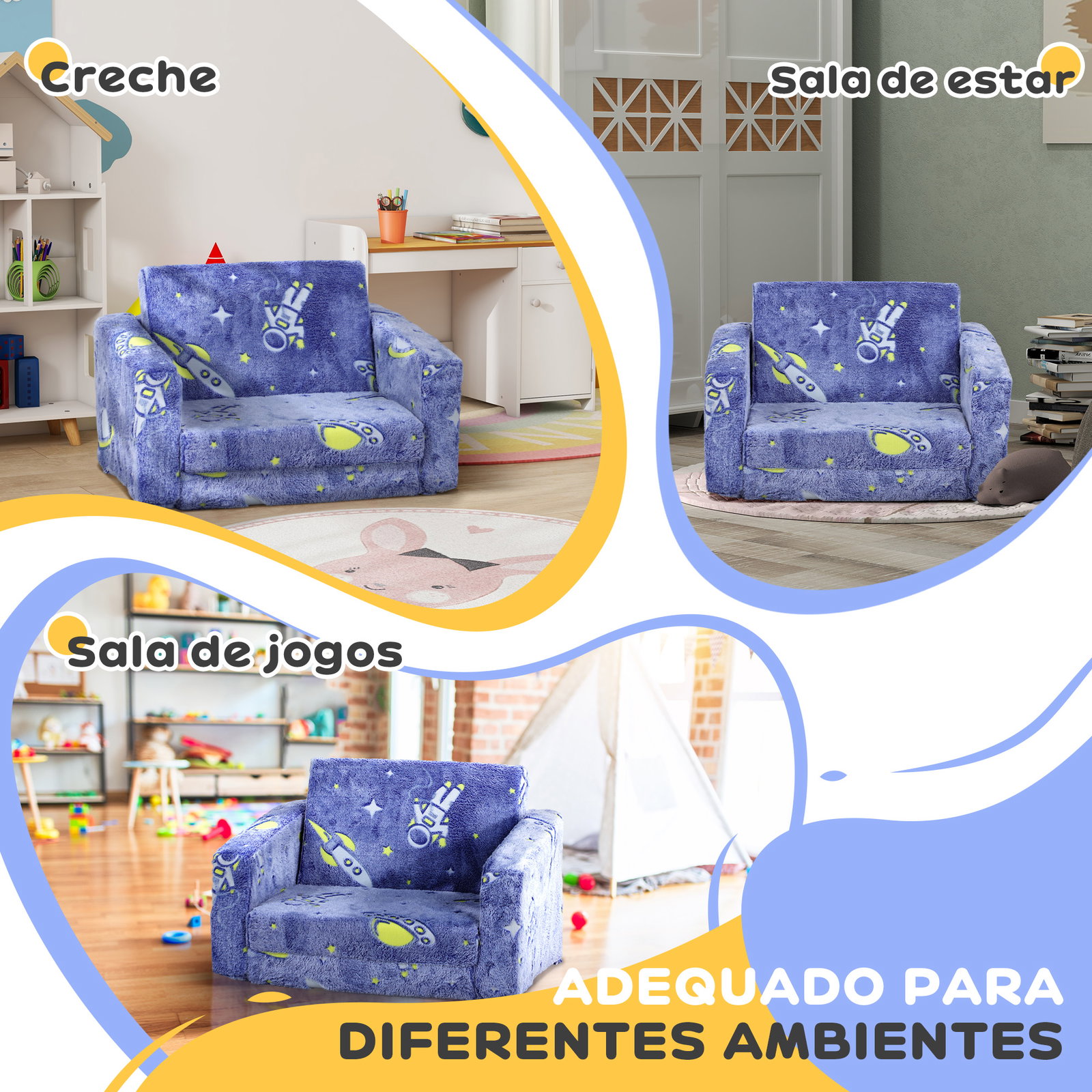 Poltrona para crianças dobrável e reclinável sofá para crianças estofado em tecido luminoso com desenho espacial azul