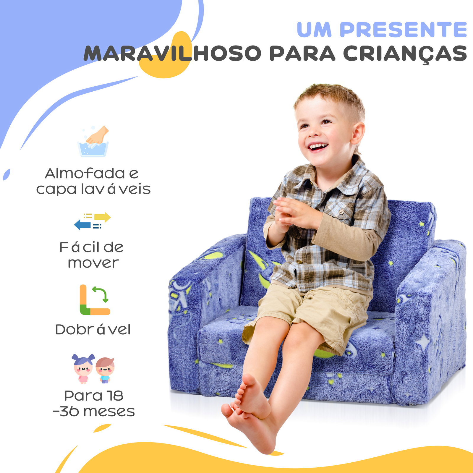 Poltrona para crianças dobrável e reclinável sofá para crianças estofado em tecido luminoso com desenho espacial azul