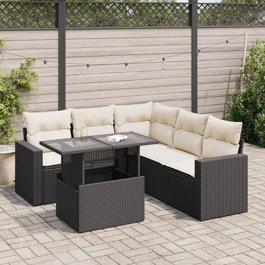 6 Pcs conjunto sofás de jardim c/ almofadões vime PE preto