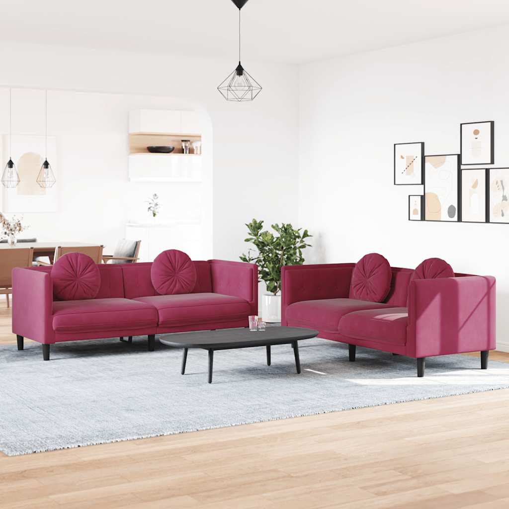 2 Pcs conjunto de sofás com almofadas veludo vermelho-tinto