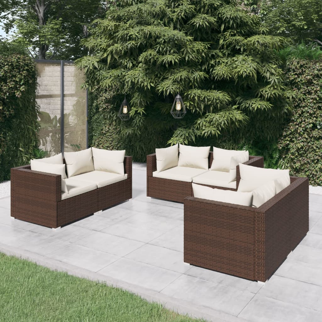6 Pcs conjunto lounge jardim c/ almofadões vime PE castanho
