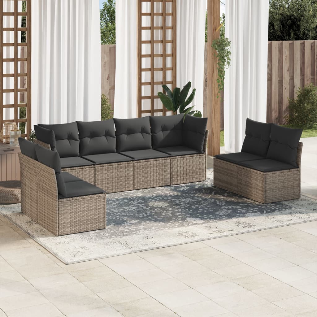 8 Pcs conjunto sofás de jardim c/ almofadões vime PE cinzento