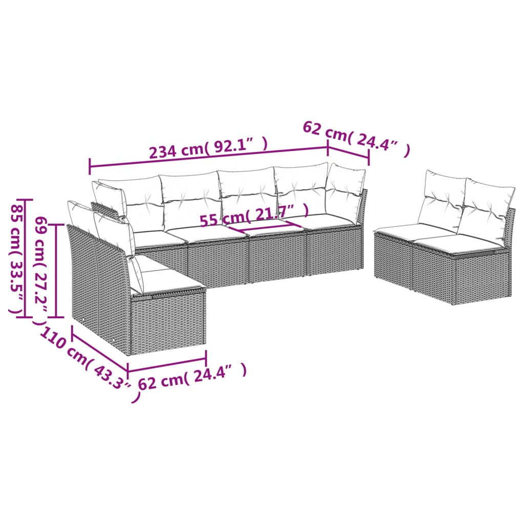 8 Pcs conjunto sofás de jardim c/ almofadões vime PE cinzento