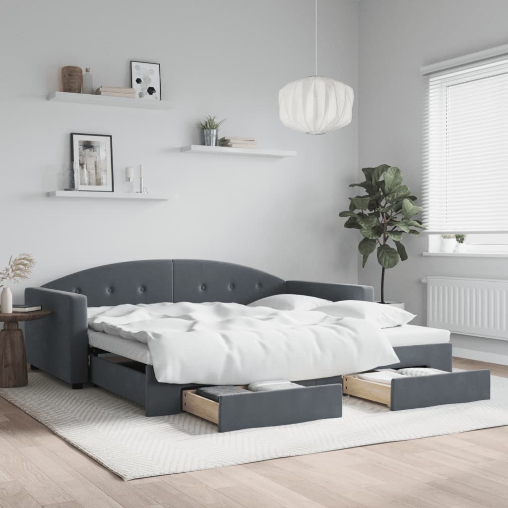 Sofá-cama c/ gavetão e gavetas 100x200cm veludo cinzento-escuro