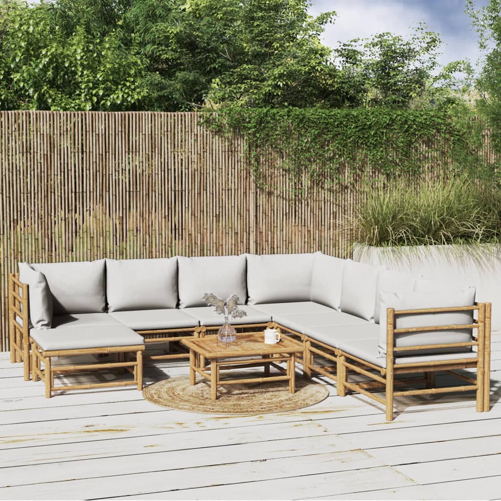 9 Pcs conj. lounge de jardim bambu c/ almofadões cinzento-claro
