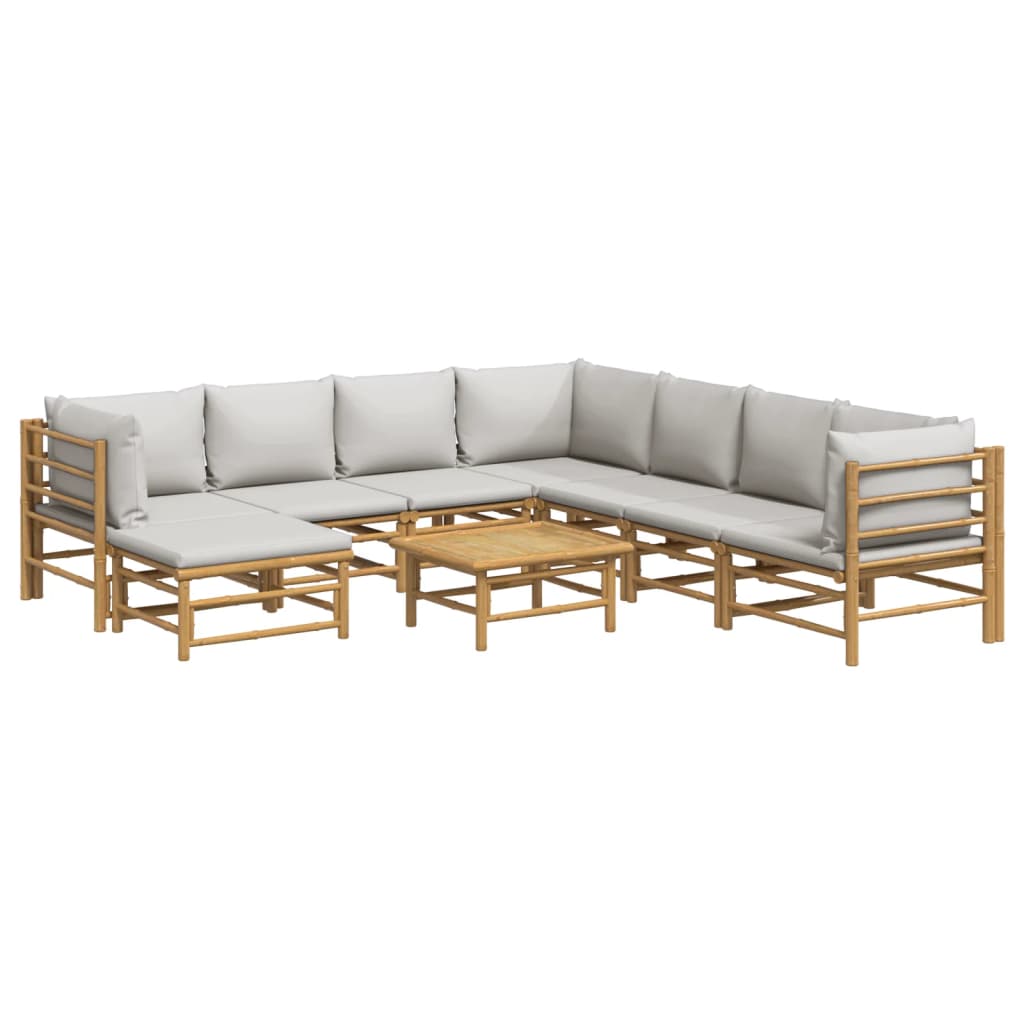 9 Pcs conj. lounge de jardim bambu c/ almofadões cinzento-claro