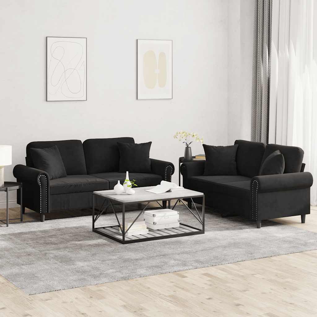 2 Pcs conjunto de sofás com almofadas veludo preto