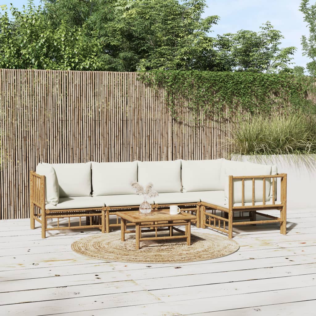 6 Pcs conjunto lounge de jardim bambu c/ almofadões branco nata