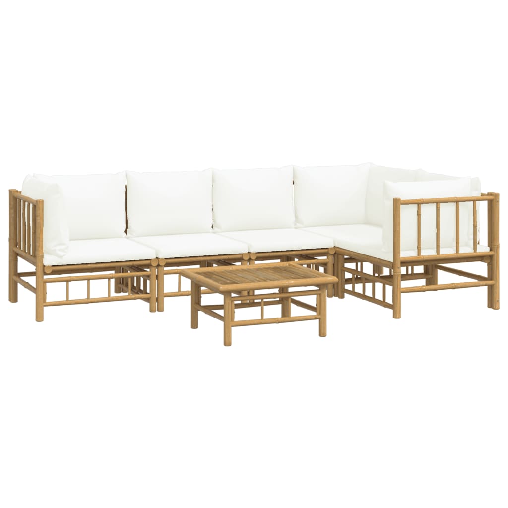 6 Pcs conjunto lounge de jardim bambu c/ almofadões branco nata