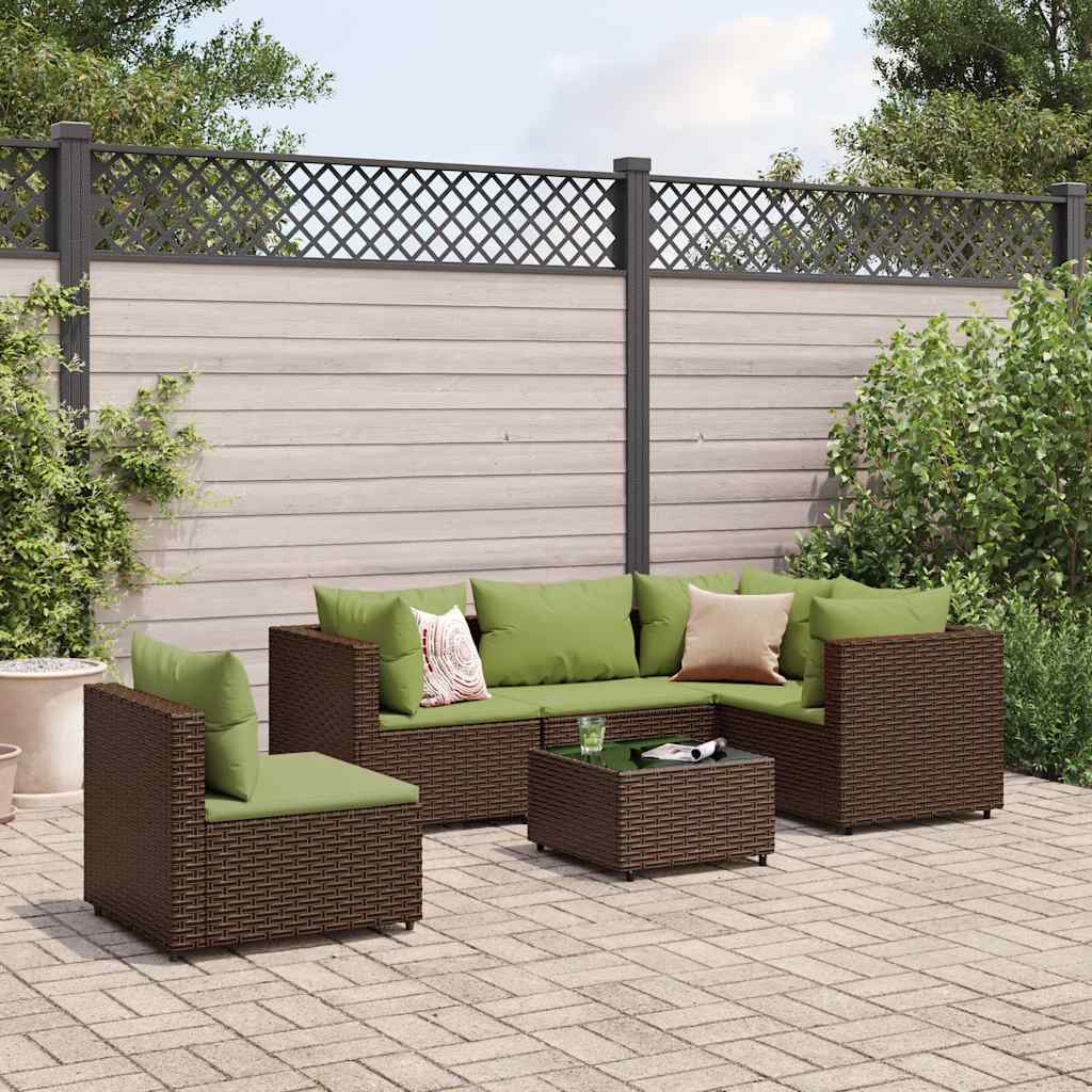 6 Pcs conj. lounge jardim c/ almofadões 6 pcs vime PE castanho
