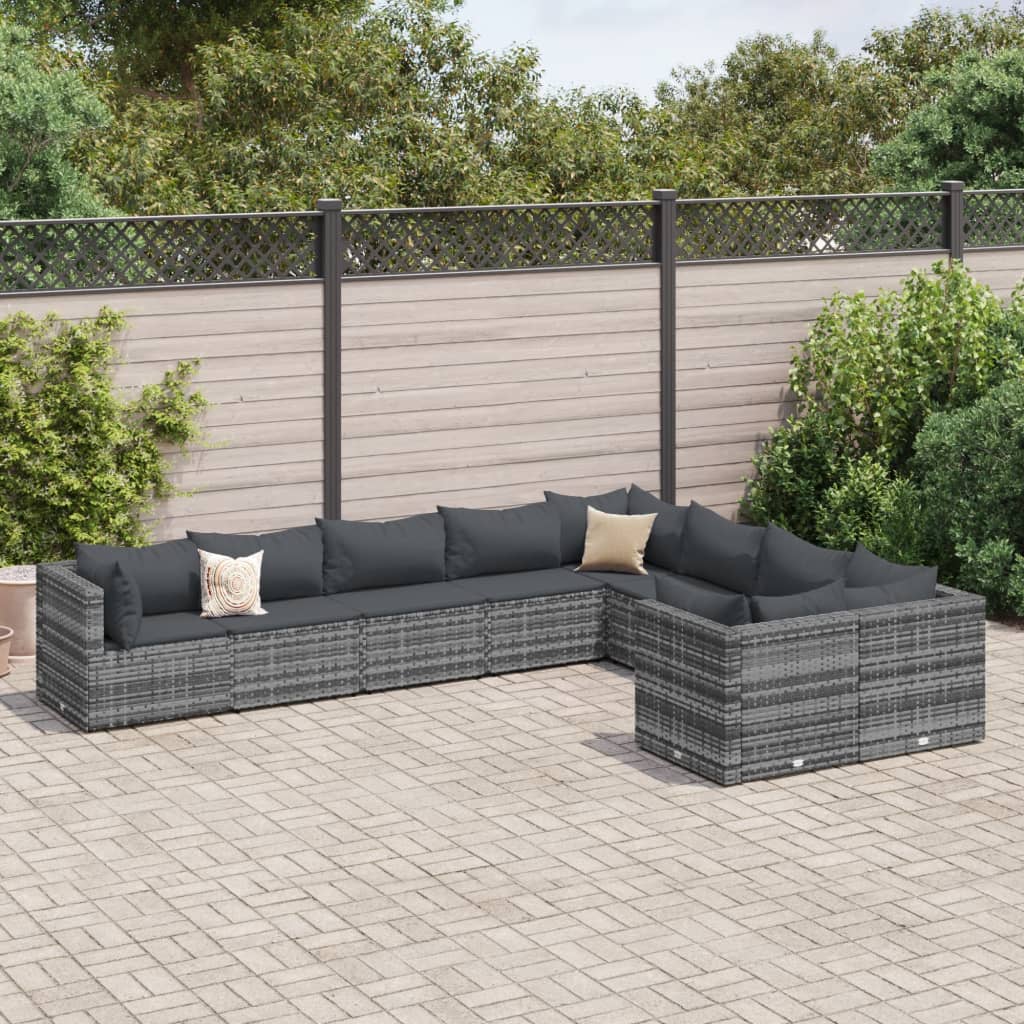 9 Pcs conjunto sofás p/ jardim com almofadões vime PE cinzento