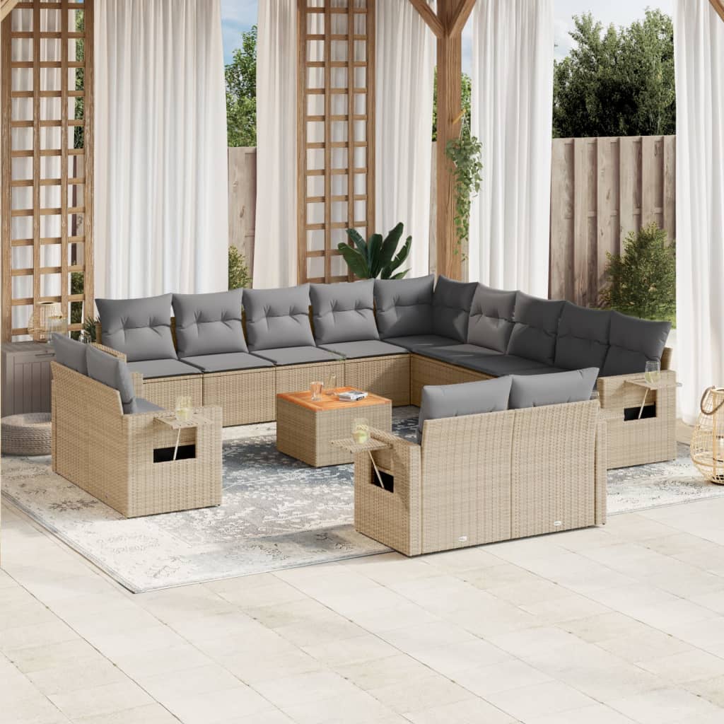 14 Pcs conj. sofás jardim c/ almofadões vime PE bege misturado