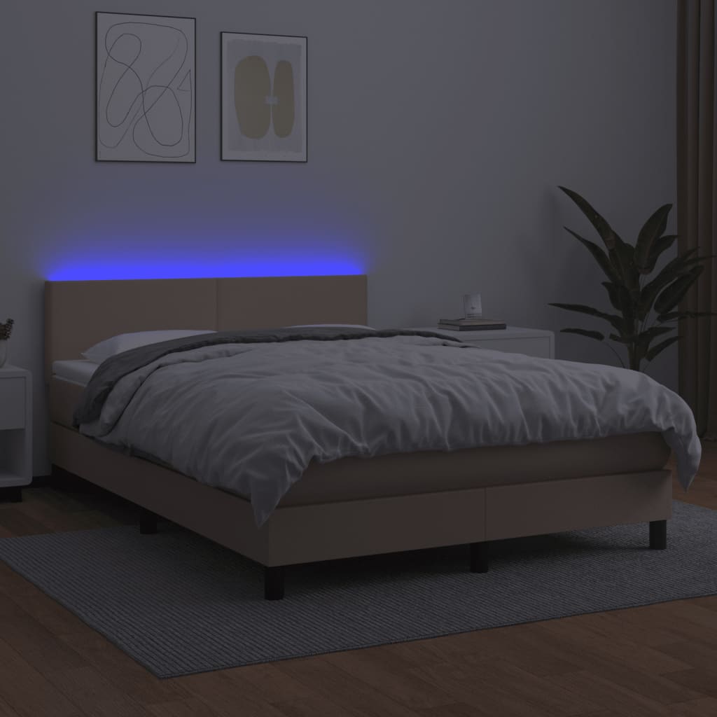 Cama box spring c/colchão/LED 140x190cm couro artif. cappuccino