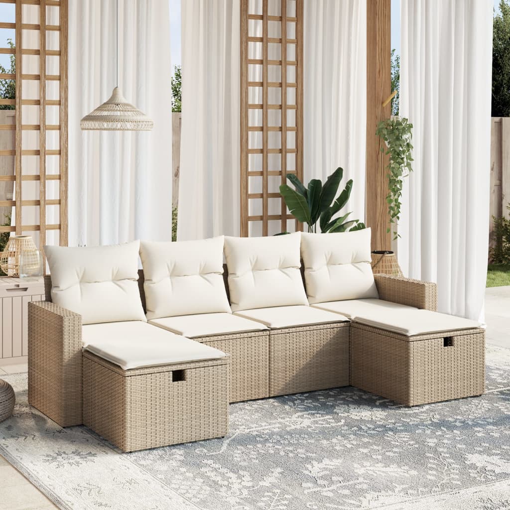 6 Pcs conjunto de sofás p/ jardim com almofadões vime PE bege