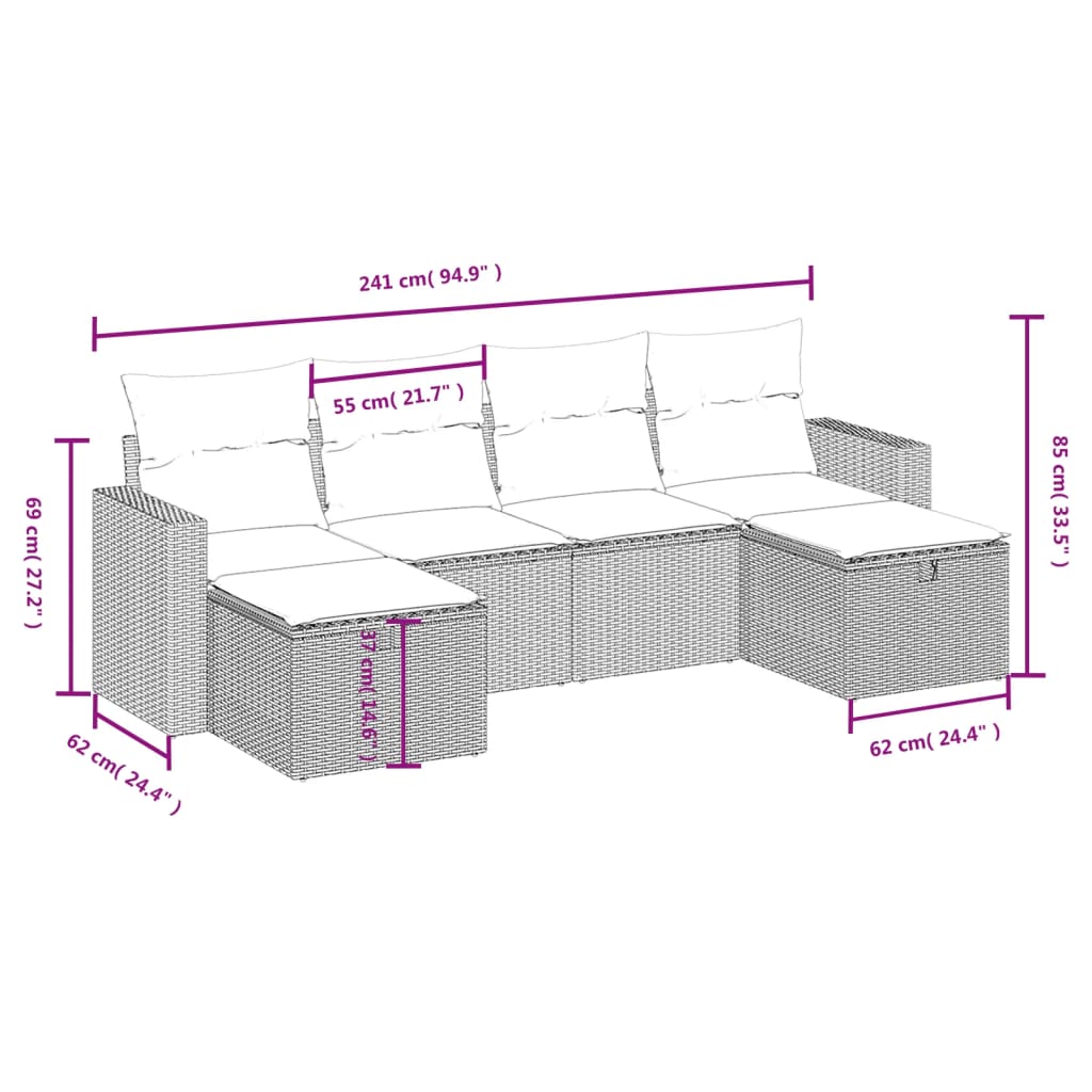 6 Pcs conjunto de sofás p/ jardim com almofadões vime PE bege