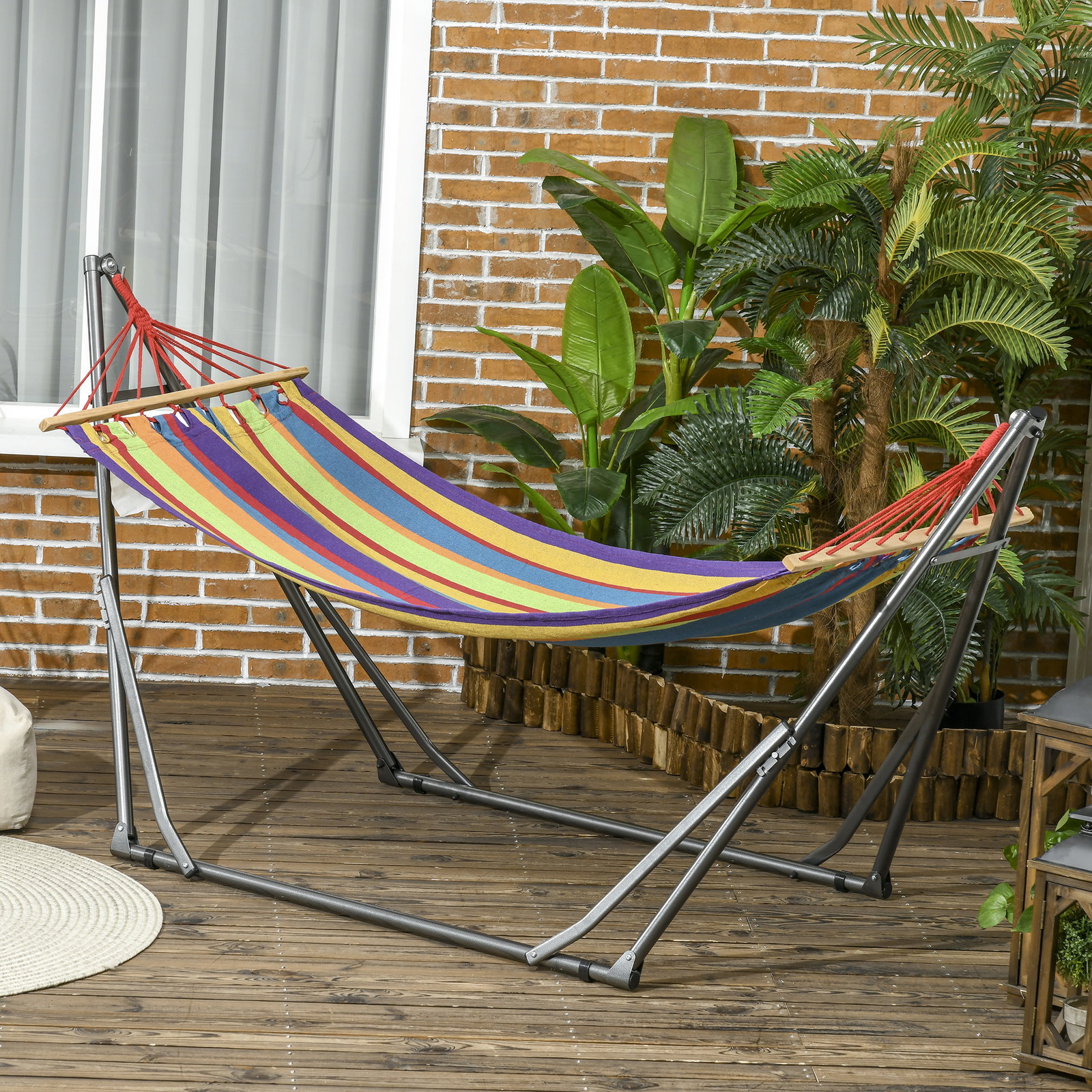 Cama rede com suporte dobrável 2 em 1 estendal com barra estrutura de aço para jardim 270x100x94 cm multicolor