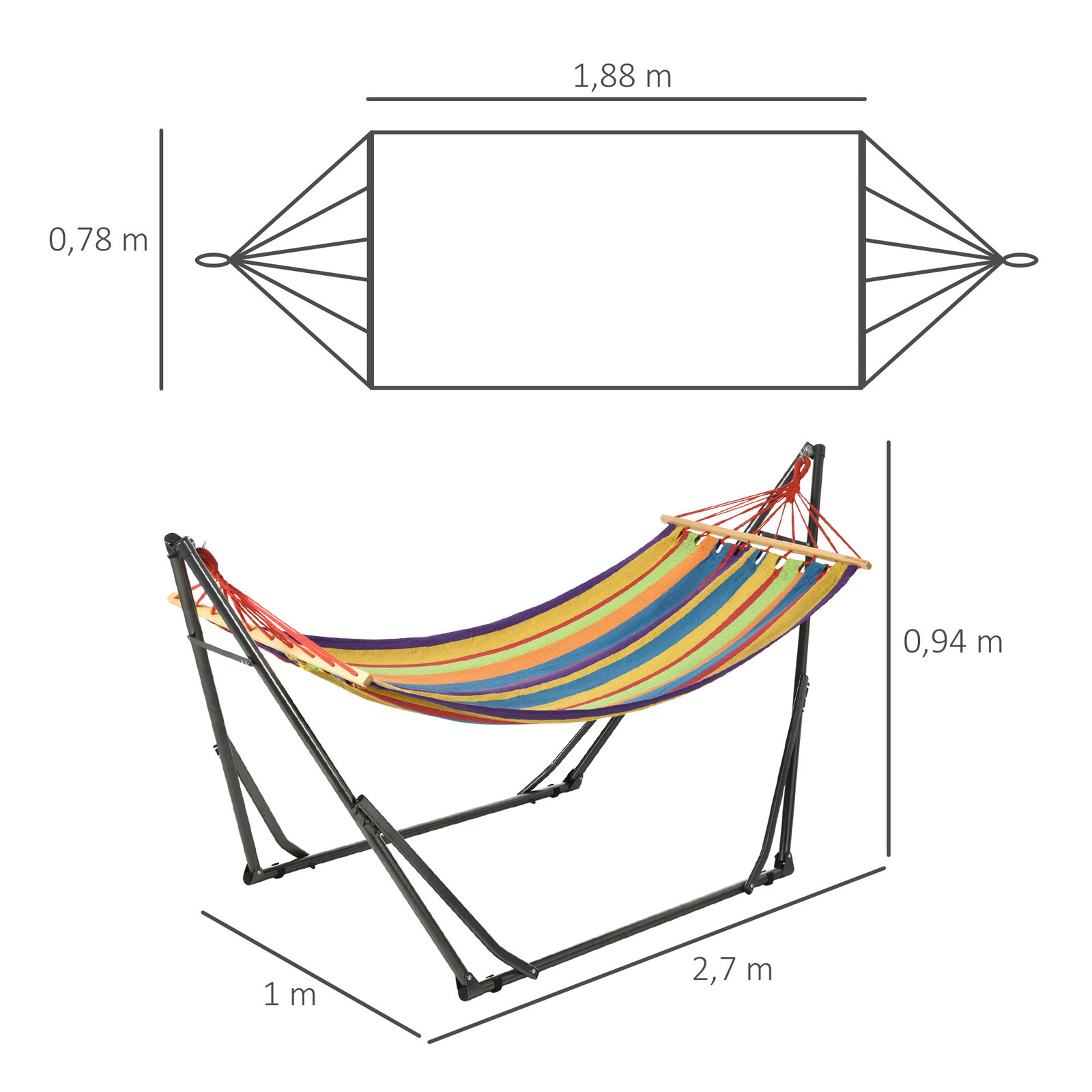 Cama rede com suporte dobrável 2 em 1 estendal com barra estrutura de aço para jardim 270x100x94 cm multicolor