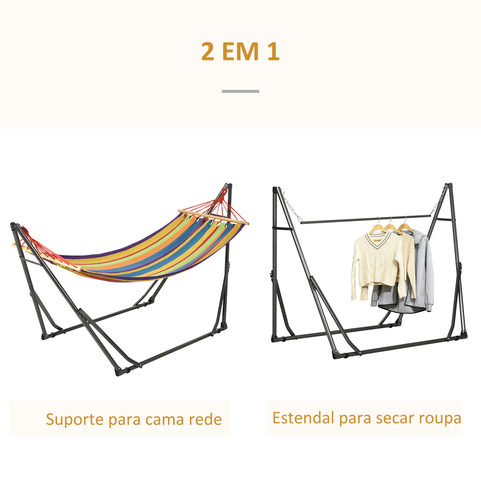 Cama rede com suporte dobrável 2 em 1 estendal com barra estrutura de aço para jardim 270x100x94 cm multicolor