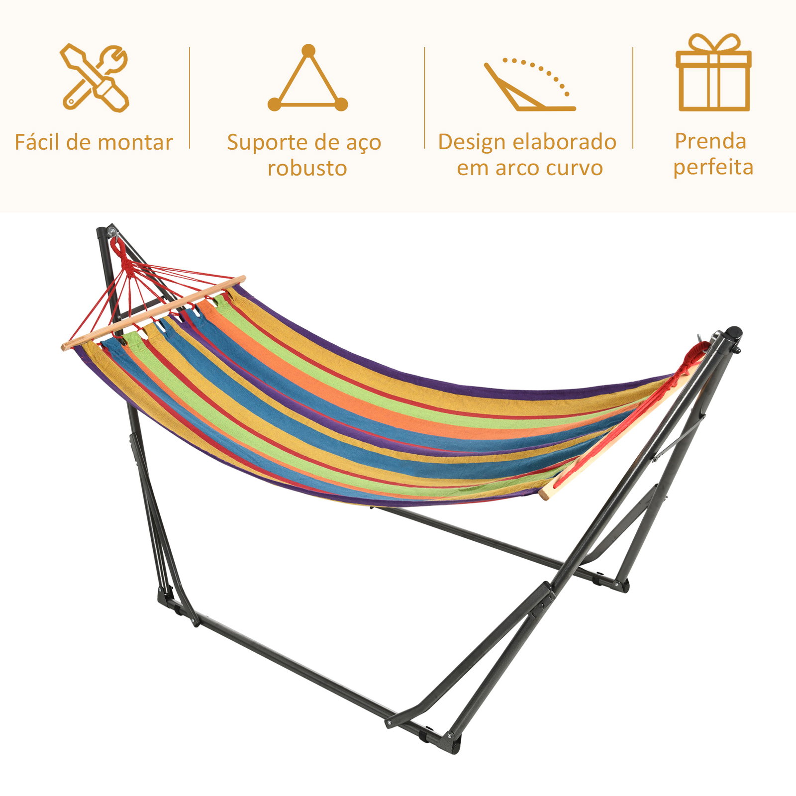 Cama rede com suporte dobrável 2 em 1 estendal com barra estrutura de aço para jardim 270x100x94 cm multicolor
