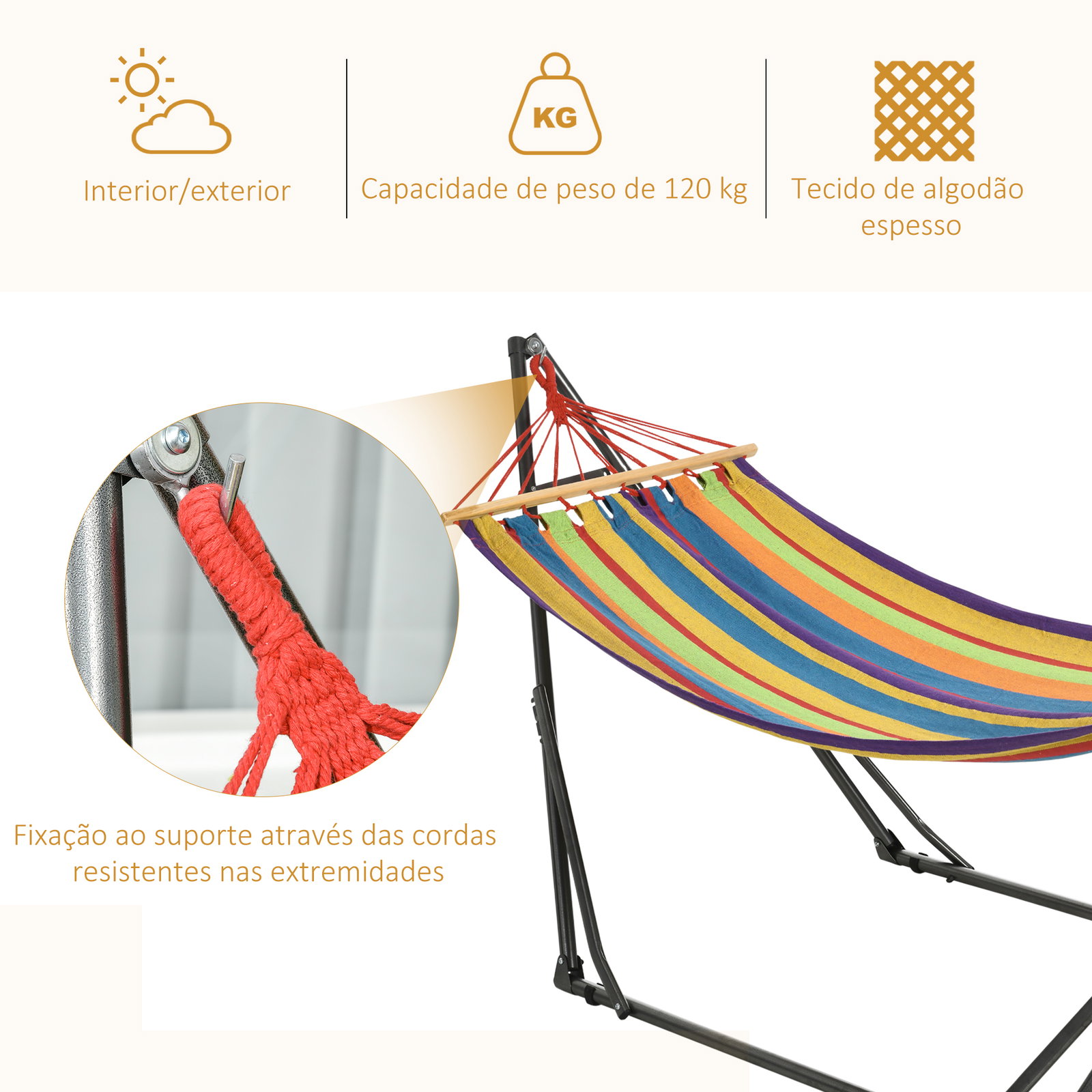 Cama rede com suporte dobrável 2 em 1 estendal com barra estrutura de aço para jardim 270x100x94 cm multicolor