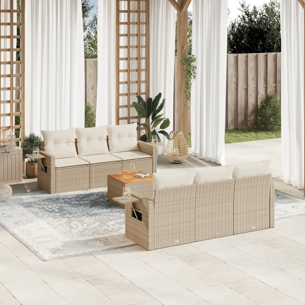7 Pcs conjunto de sofás p/ jardim com almofadões vime PE bege