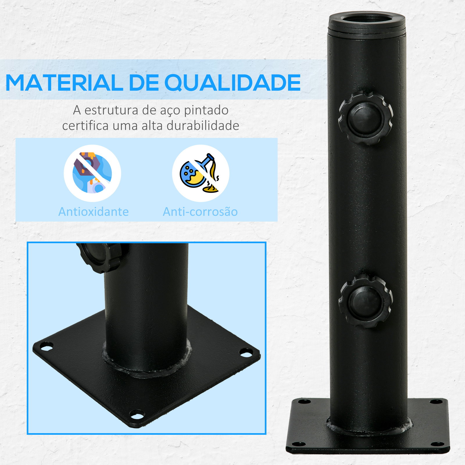 Suporte Chapéu de Sol para Chão de Cimento com 2 Botões de Bloqueio e 4 Parafusos Base de Chapéu de Sol para Mastros de 34/38/48