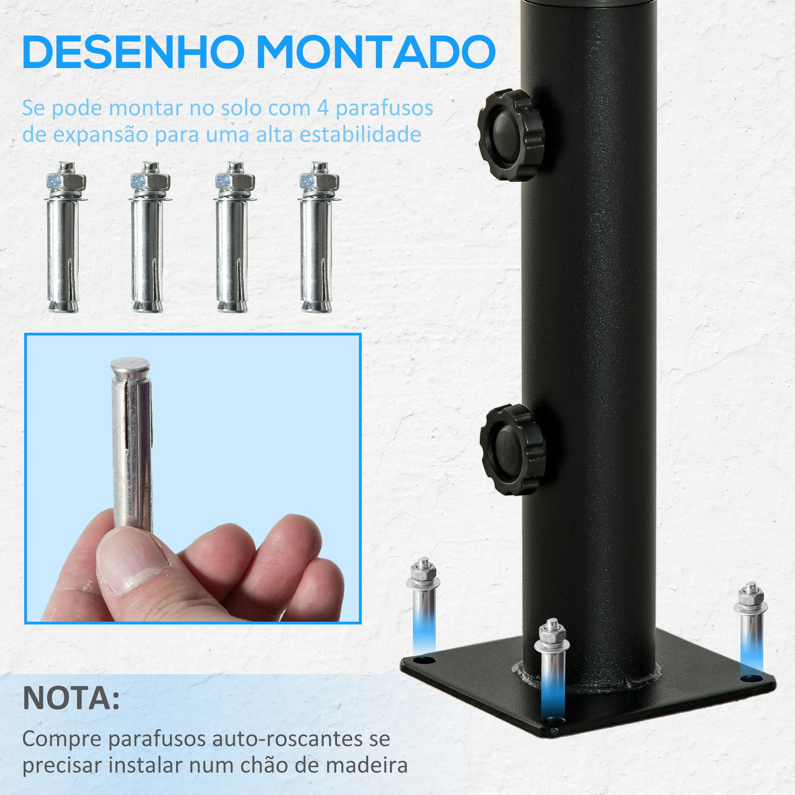 Suporte Chapéu de Sol para Chão de Cimento com 2 Botões de Bloqueio e 4 Parafusos Base de Chapéu de Sol para Mastros de 34/38/48