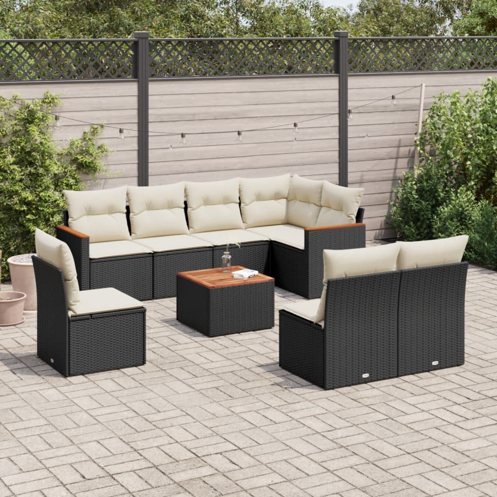 9 Pcs conjunto de sofás p/ jardim c/ almofadões vime PE preto