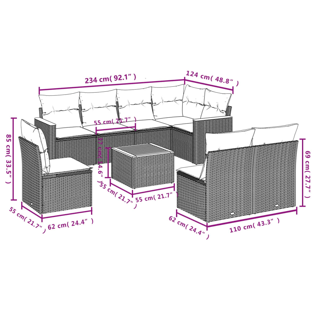 9 Pcs conjunto de sofás p/ jardim c/ almofadões vime PE preto