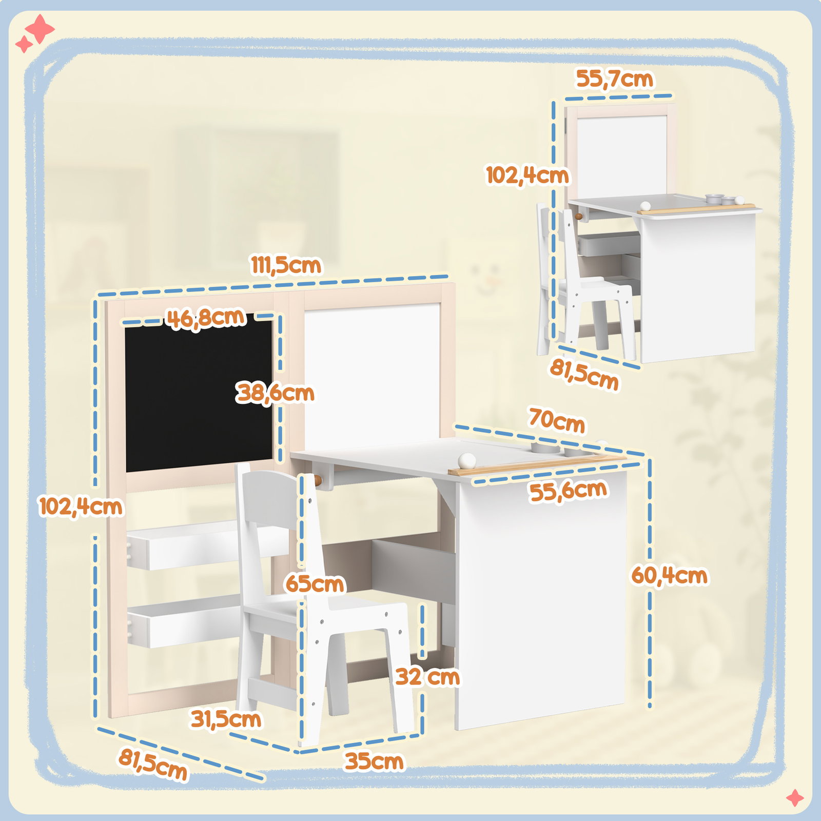 Mesa e cadeira infantil mesa para crianças com cadeira ardósias dobrável prateleiras e rolo de papel branco