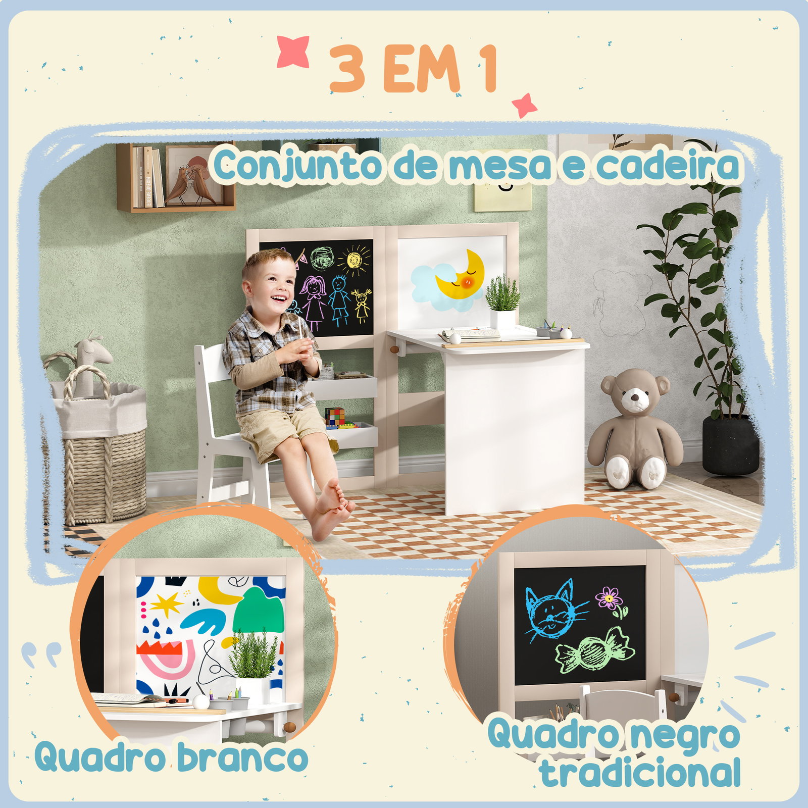 Mesa e cadeira infantil mesa para crianças com cadeira ardósias dobrável prateleiras e rolo de papel branco