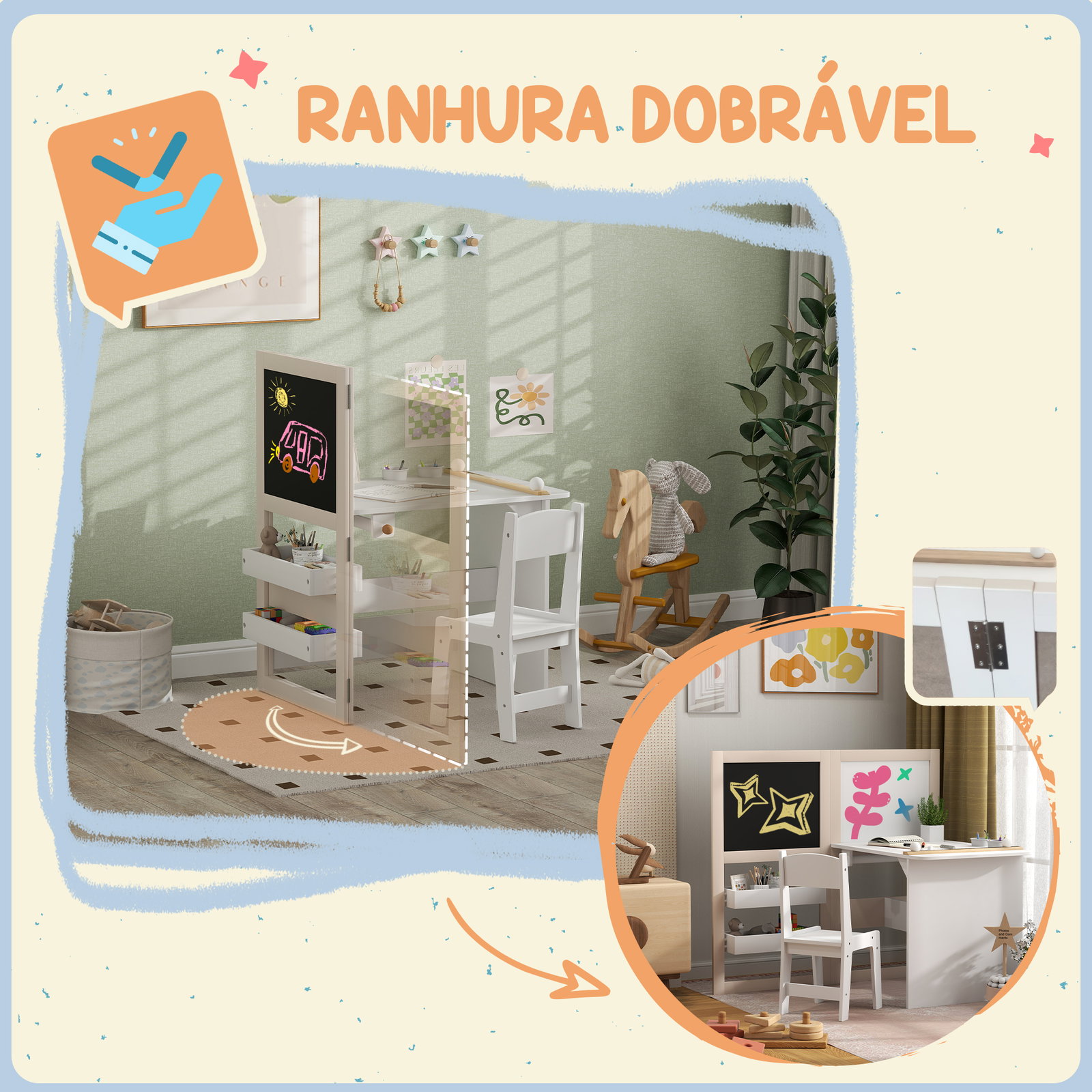 Mesa e cadeira infantil mesa para crianças com cadeira ardósias dobrável prateleiras e rolo de papel branco