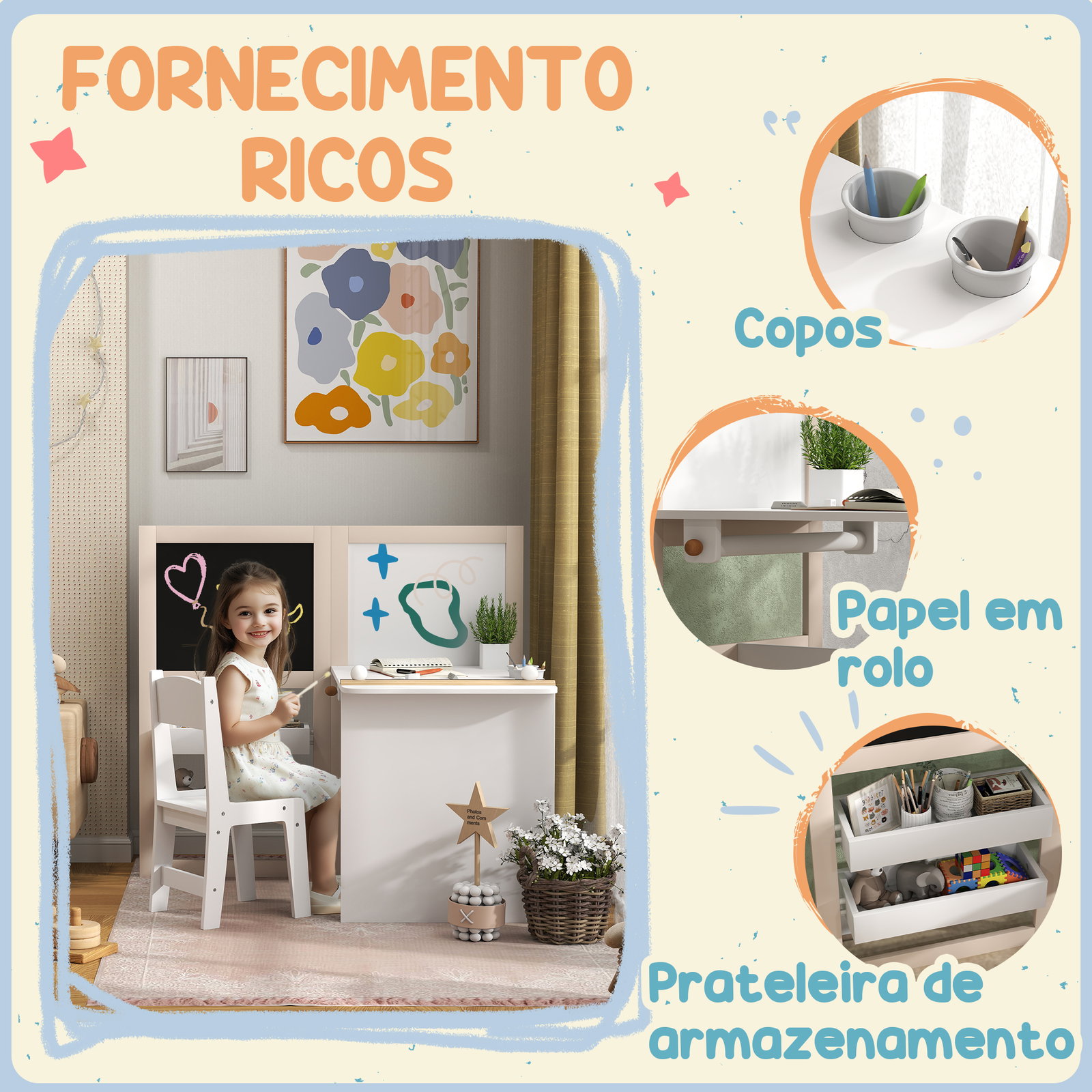 Mesa e cadeira infantil mesa para crianças com cadeira ardósias dobrável prateleiras e rolo de papel branco