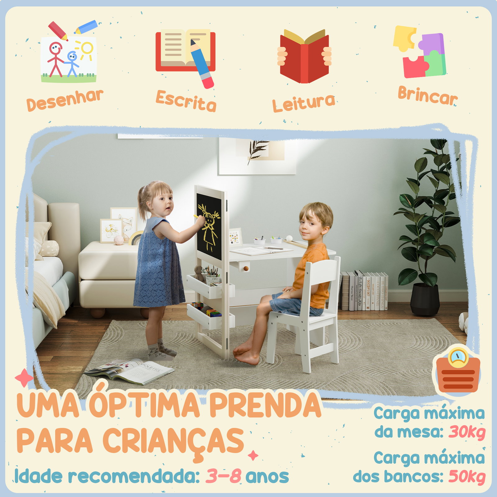 Mesa e cadeira infantil mesa para crianças com cadeira ardósias dobrável prateleiras e rolo de papel branco