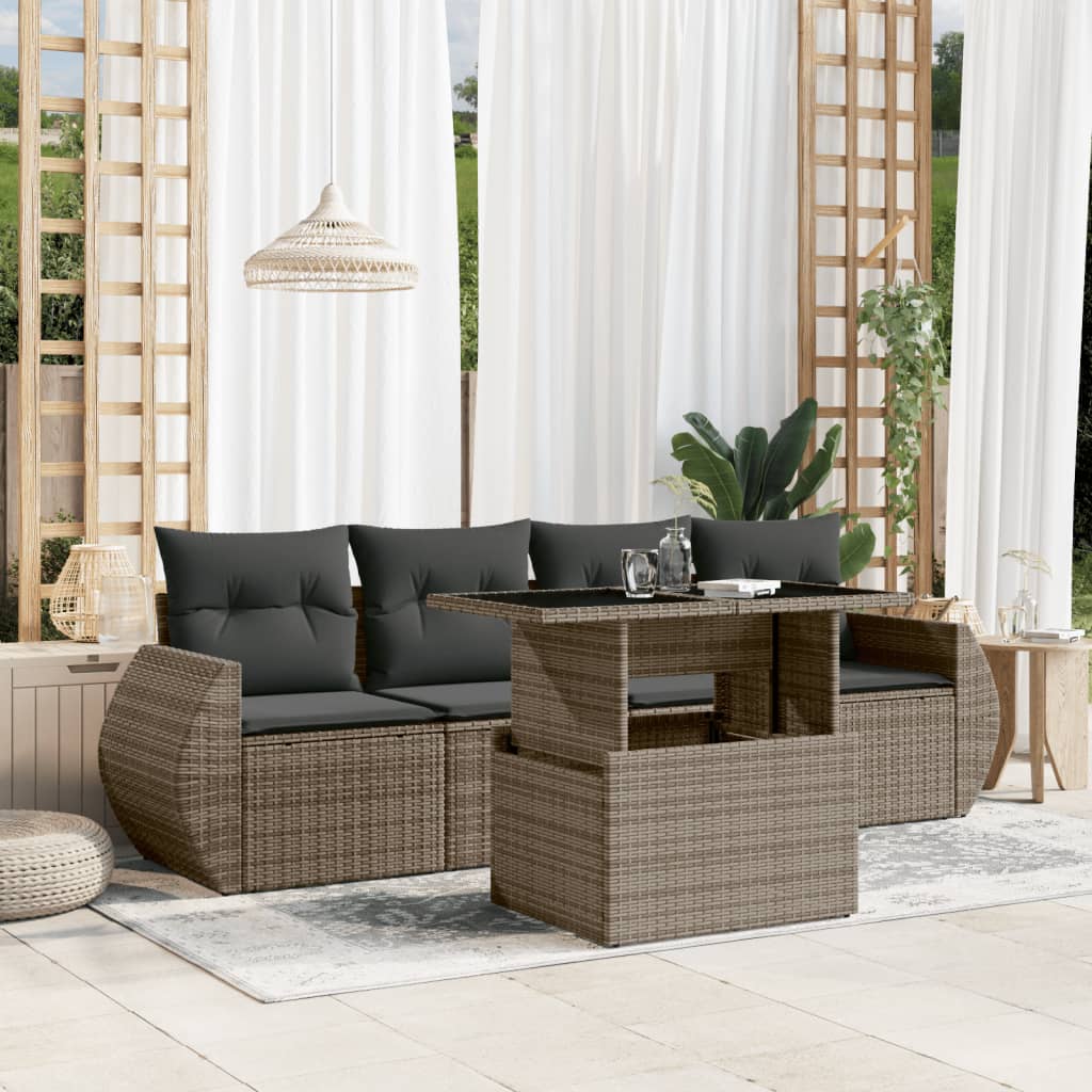 5 Pcs conjunto sofás de jardim c/ almofadões vime PE cinzento